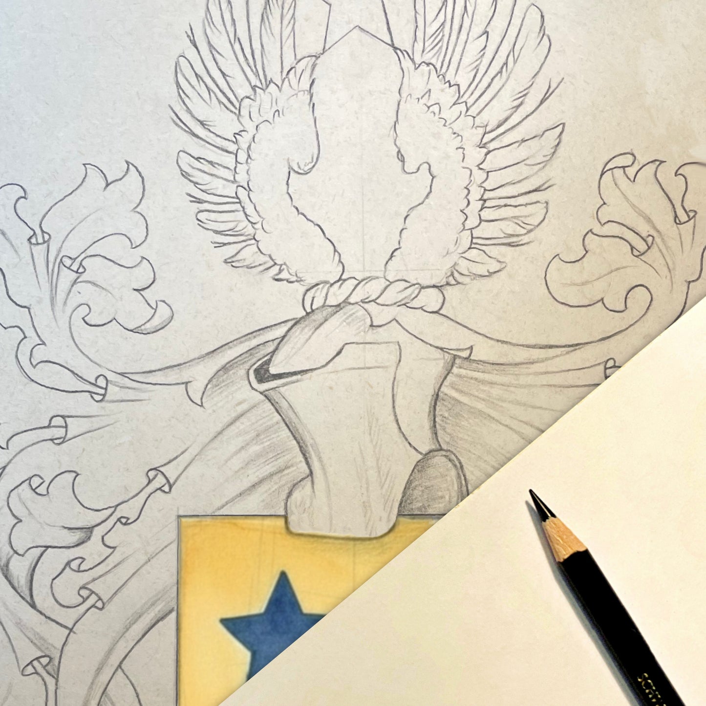 Bespoke Family Coat of Arms – Original Colourized Pencil Sketch (A4) – Handmade Heraldic Art