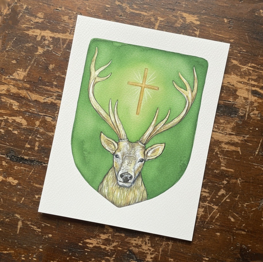 The Holy Stag – Original Miniature on Wood & Fine Art Print from the Watercolour – Saint Hubert