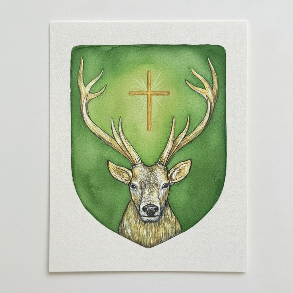 The Holy Stag – Original Miniature on Wood & Fine Art Print from the Watercolour – Saint Hubert