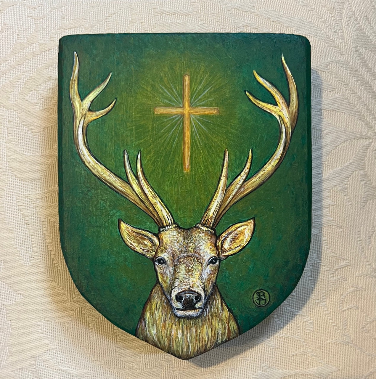 The Holy Stag – Original Miniature on Wood & Fine Art Print from the Watercolour – Saint Hubert