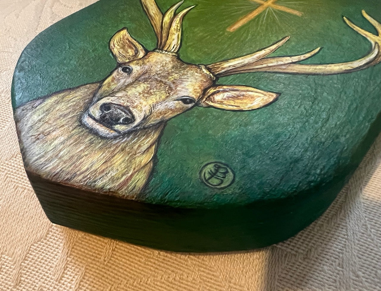 The Holy Stag – Original Miniature on Wood & Fine Art Print from the Watercolour – Saint Hubert