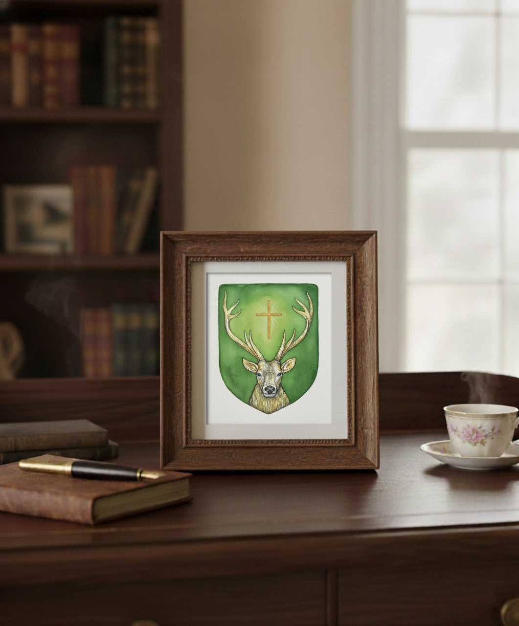 The Holy Stag – Original Miniature on Wood & Fine Art Print from the Watercolour – Saint Hubert