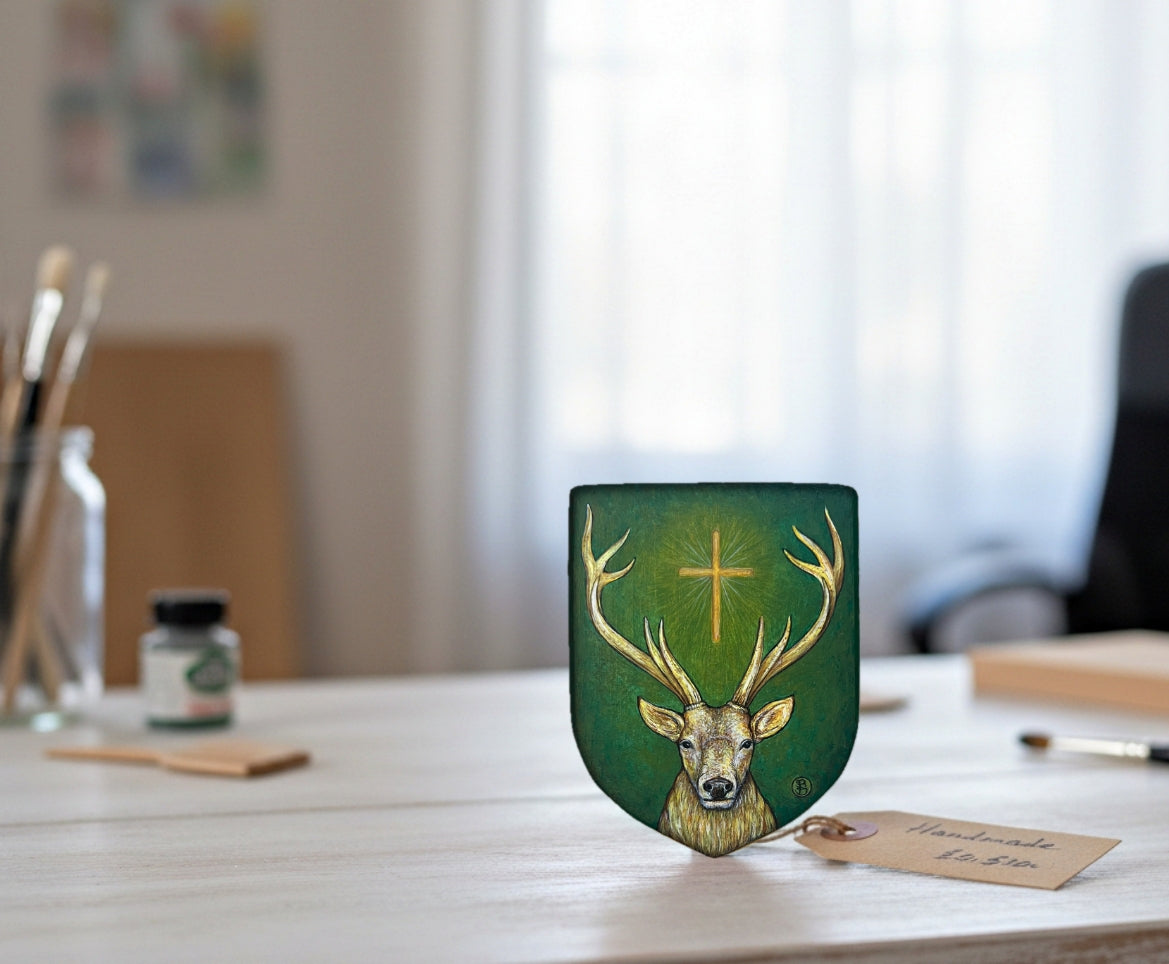 The Holy Stag – Original Miniature on Wood & Fine Art Print from the Watercolour – Saint Hubert