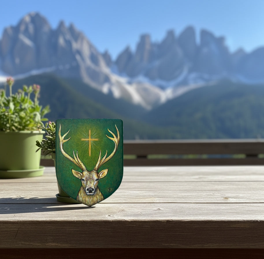 The Holy Stag – Original Miniature on Wood & Fine Art Print from the Watercolour – Saint Hubert