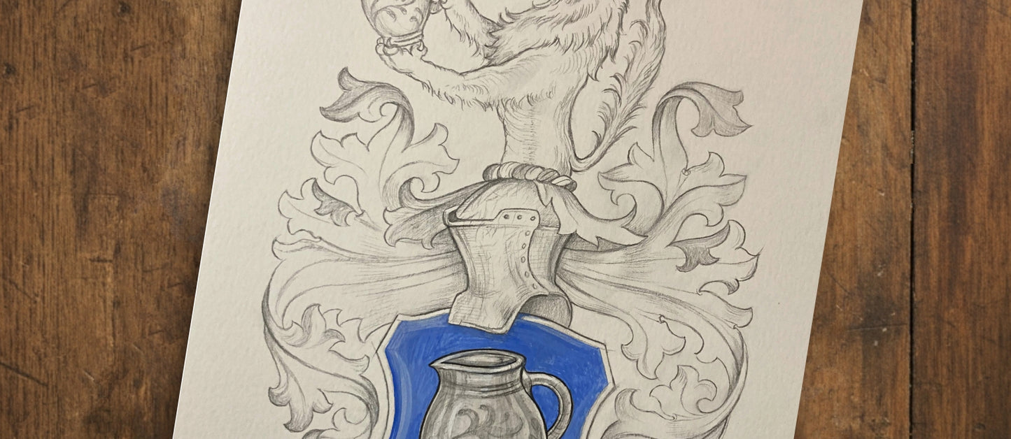 Bespoke Family Coat of Arms – Original Colourized Pencil Sketch (A4) – Handmade Heraldic Art