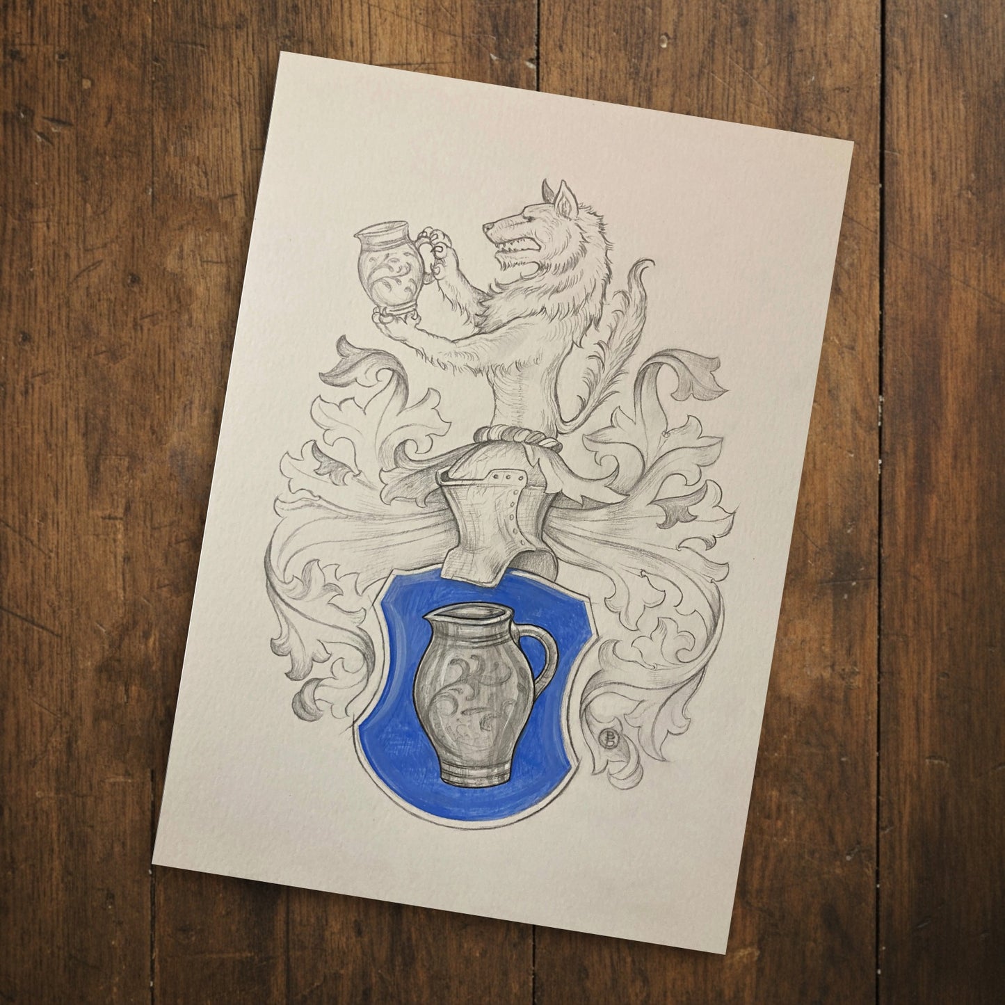 Bespoke Family Coat of Arms – Original Colourized Pencil Sketch (A4) – Handmade Heraldic Art