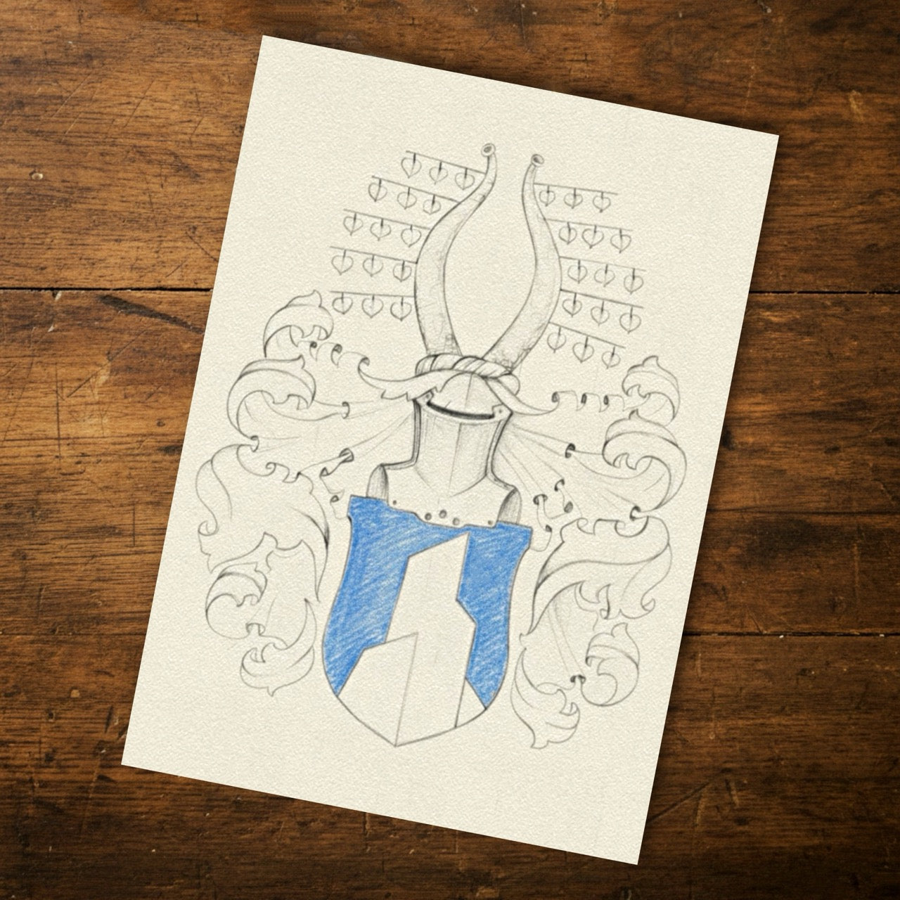 Bespoke Family Coat of Arms – Original Colourized Pencil Sketch (A4) – Handmade Heraldic Art