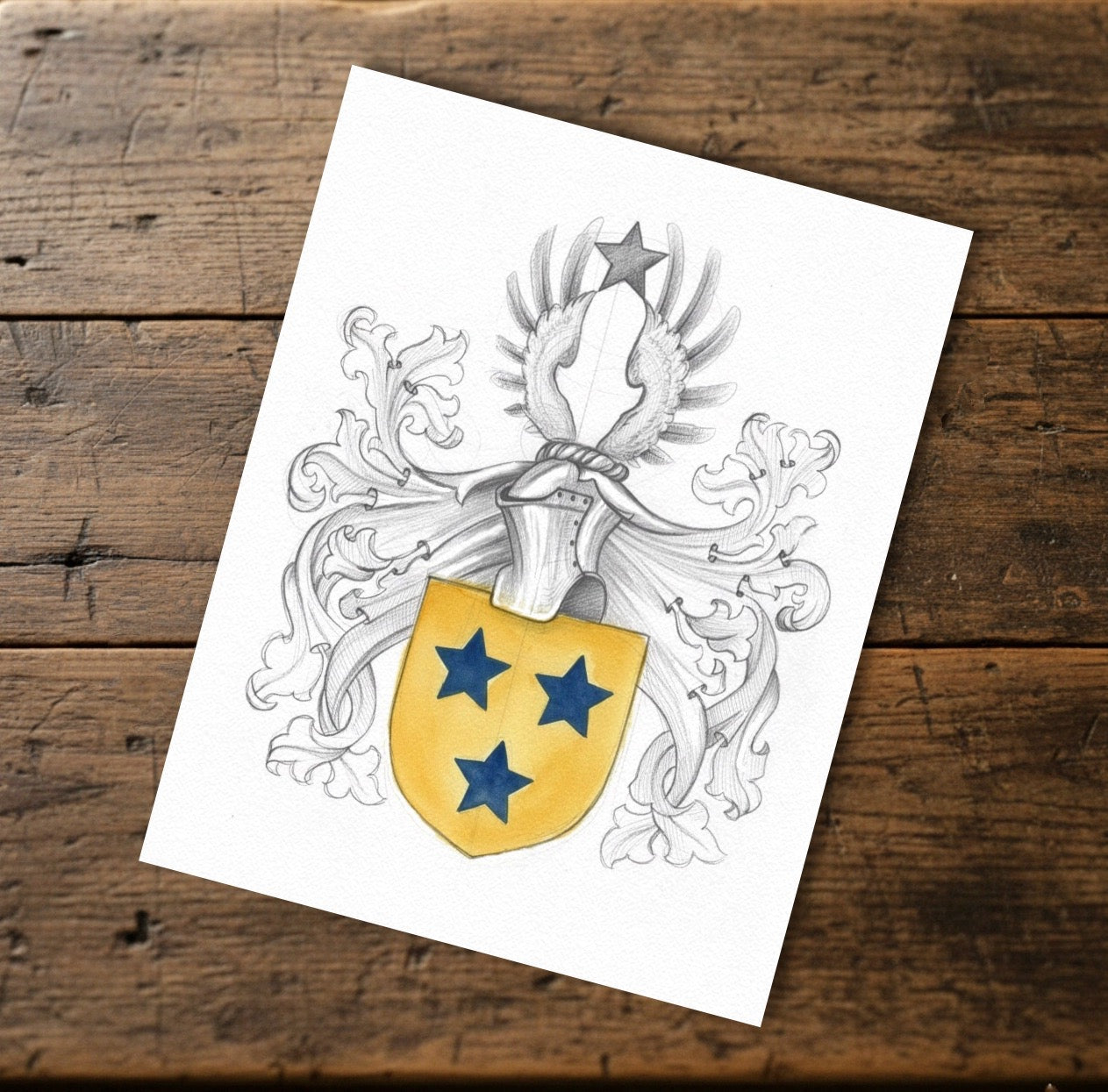 Bespoke Family Coat of Arms – Original Colourized Pencil Sketch (A4) – Handmade Heraldic Art